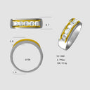 Gold and silver rings with measurements on a light gray background